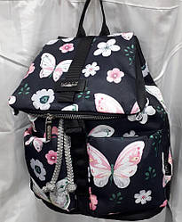 Рюкзак жіночий тканинний маленький чорний прогулянковий у яскравих рожевих Метеликах із кишенями Dolly 301