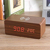 Деревянные светодиодные часы с беспроводной зарядкой Wood Wireless clock оригинальный подарок