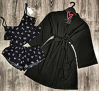 Черный халат и пижама с рисунком-женский комплект одежды для сна и отдыха.