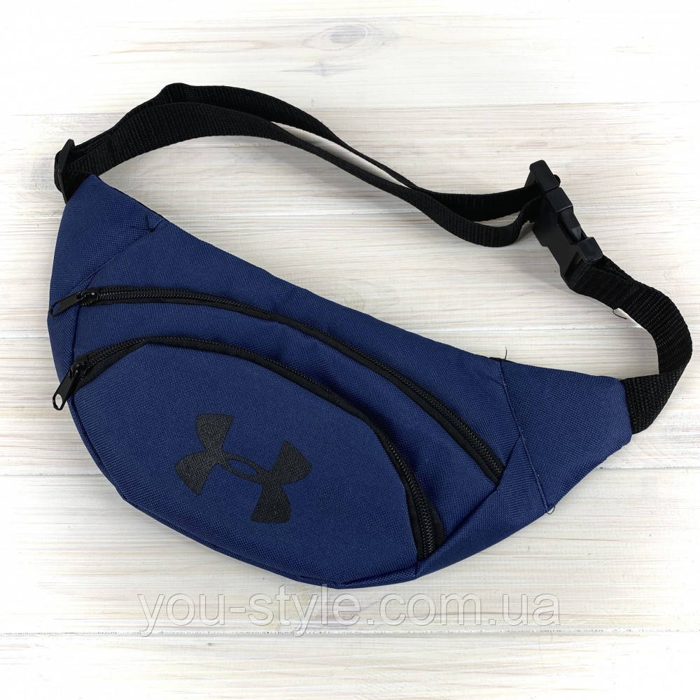 Чоловіча поясна сумка Under armour Бананка, синя. Чорний логотип
