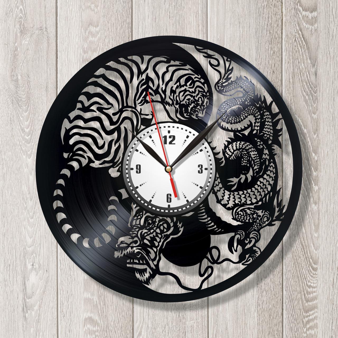 Інь Янь Янь годинник Дракон годинник Годинник із тигром Філософський годинник Годинник чорний Символ інь янь Тихий механізм 300 мм, фото 1