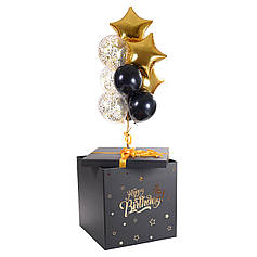 Черная коробка с золотой надписью Happy Birthday и декором золотые звезды. Внутрь связка 4 черных, 3 с