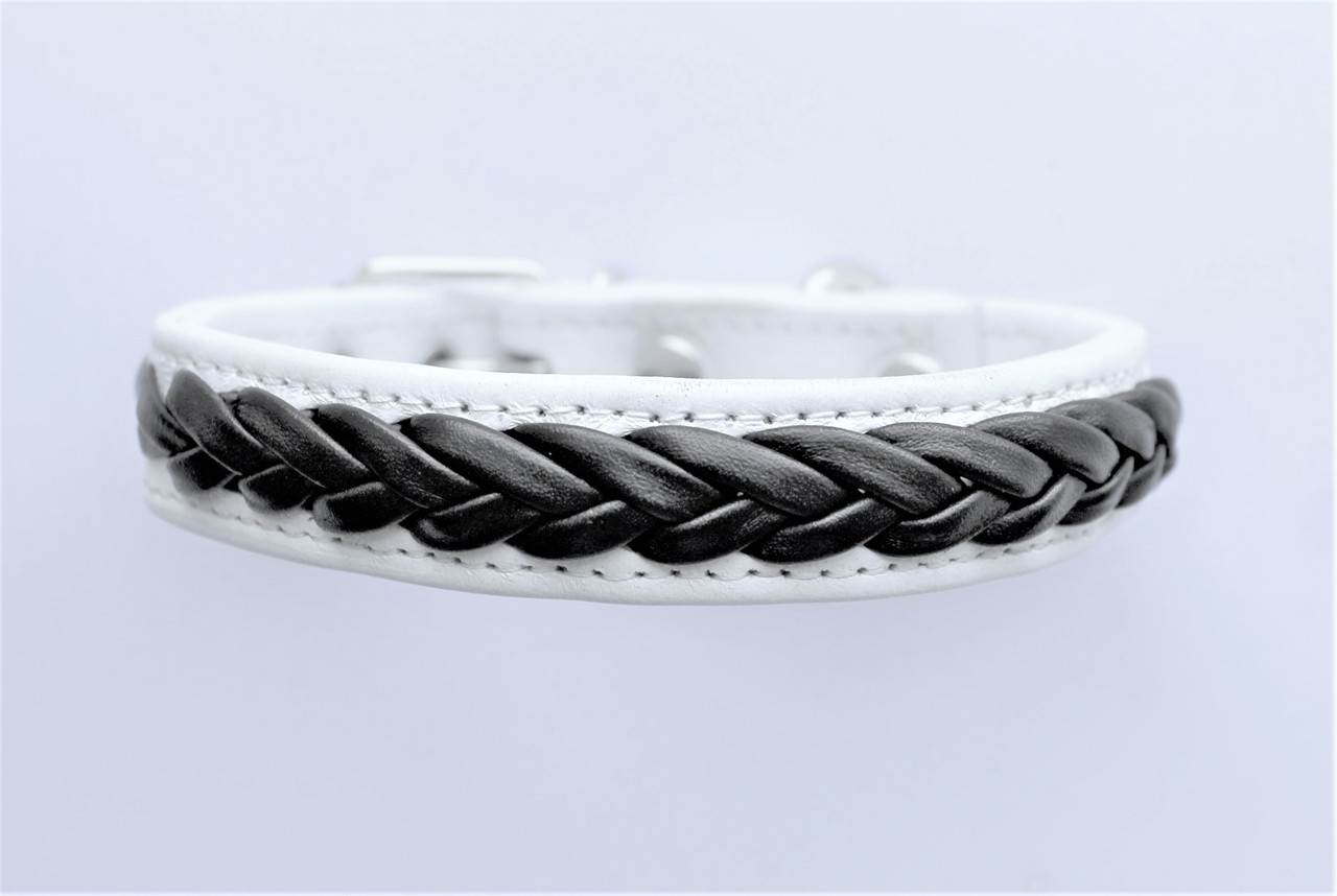 Шкіряний нашийник для собак "Lockdog" з плетінням чорно-білий, фото 1