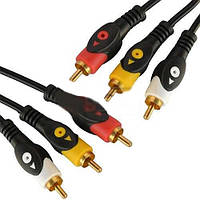 Шнур з'єднання. 3RCA х 3RCA gold, діам.-4х12мм, чорний, 1,2 м.