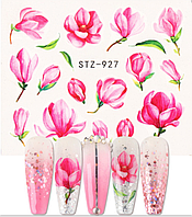 Слайдер дизайн для маникюра и ногтей на водный основе STZ-927 розовые цветы