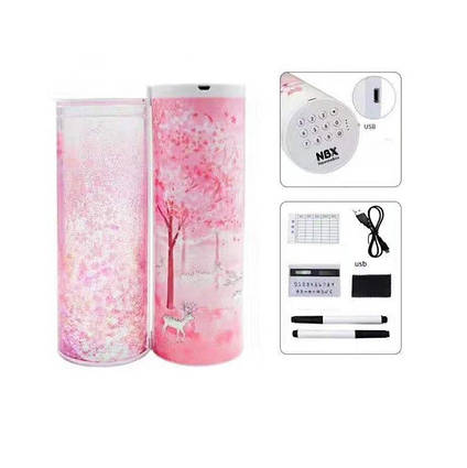 Пенал із кодовим замком і калькулятором Сакура Newmebox з блискітками 203*71 mm Рожевий