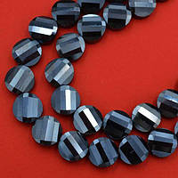 Бусини з кришталю, круглі, плоскі, колір чорний із синім відливом, розмір 14х5 мм (24 шт.)