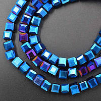 Бусини з кришталю, форма куб, колір синій металік, розмір 6х6 мм (96 шт.)