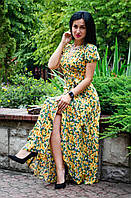 Эффектное летнее длинное платье на запах с пышной юбкой в цветочный желтый принт 44, 46 46