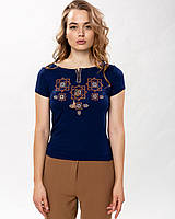 Модная женская футболка с коричневой вышивкой в темно синем цвете «Оберег» S