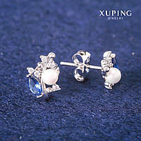 Серьги пусеты Xuping с синими кристаллами и Майоркой d-8х13мм Родий