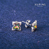 Серьги пусеты Xuping с кристаллами Сваровски цвет радужный d-9х13мм Родий