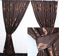 Комплект готовых штор из ткани лён с узором "листья", цвет темно-коричневый. Код 368ш(2шт 1,2м*2,75м)