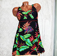 54 размер! Черный женский купальник-платье (танкини) с цветными листьями папоротника, на завязках, трусы слипы