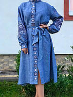 Джинсова сукня вишиванка з високим коміром "Блакитні очі"