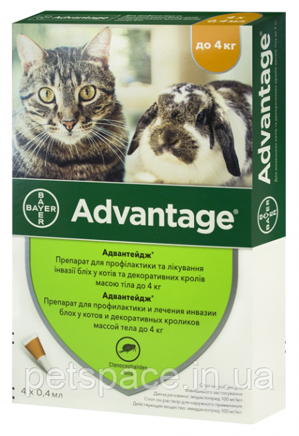 Краплі від бліх Bayer Advantage (Байєр Адвантейдж для котів та кролів вагою до 4кг.), 1 піпетка