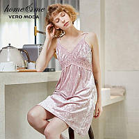 Сорочка ночная женская бархатная кружевная. Комбинация с кружевом. Ночная рубашка, размер L (розовая)