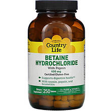 Бетаїна гідрохлорид + пепсин Country Life "Betaine Hydrochloride" 600 мг (250 таблеток)