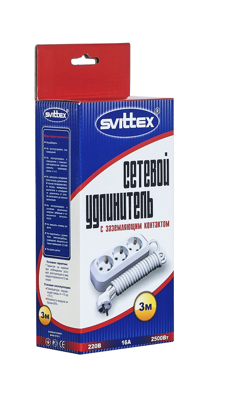 Удлинитель 3м "SVITTEX" 2500Вт 220В 16А с заземлением - фото 2 - id-p1208469208