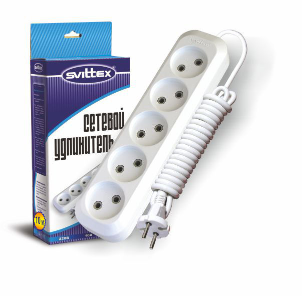 Подовжувач 10 м "SVITTEX" 2200 Вт 220 В 10 А (п'ять розеток)
