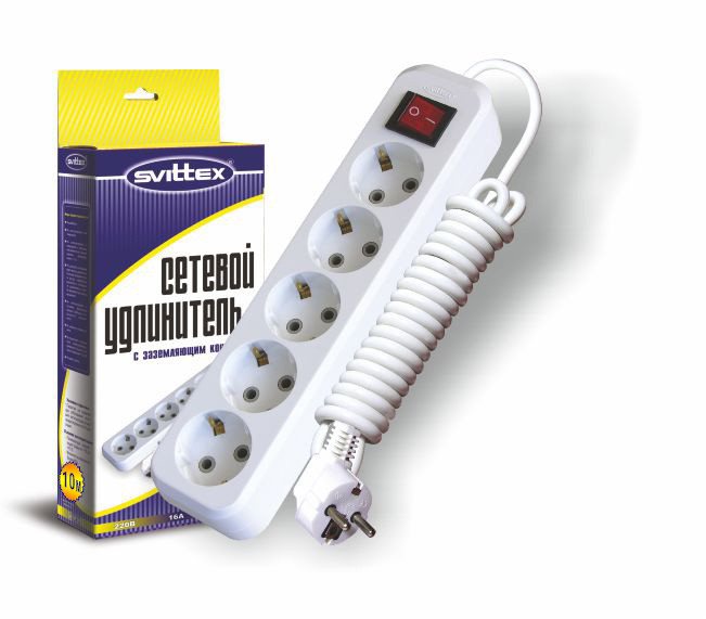 Подовжувач SVITTEX з п'ятимісною розеткою, що заземлює контактом і вимикачем 10 м