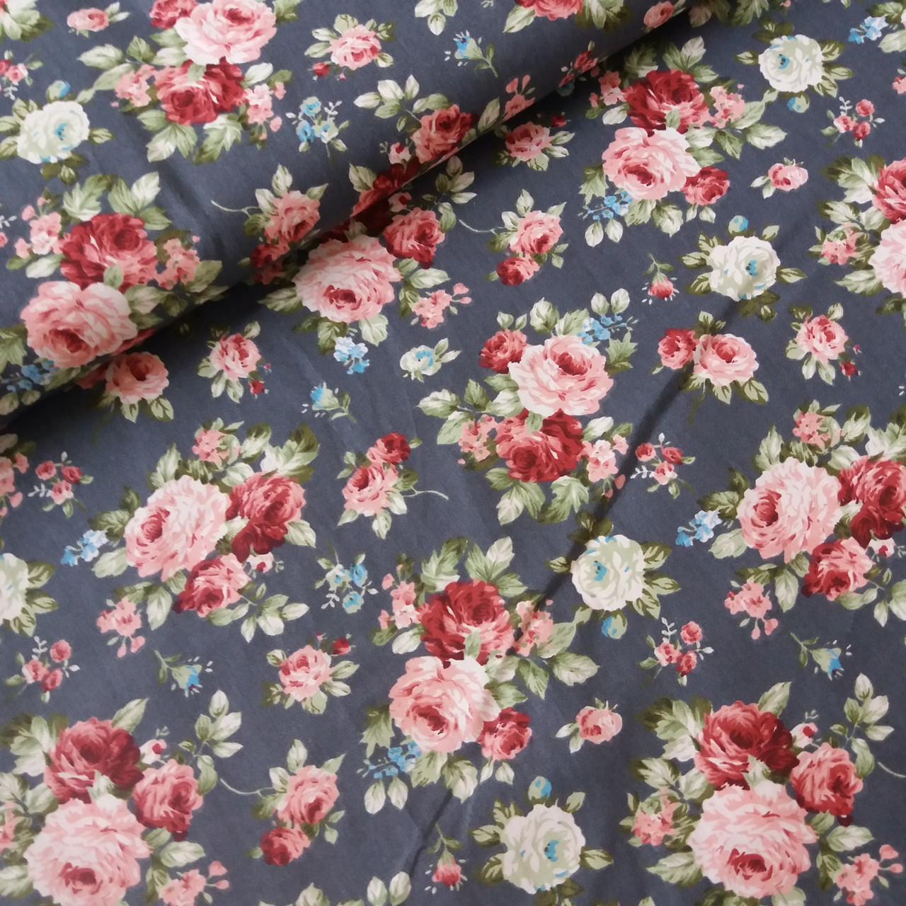 Бавовняний сатин рожеві троянди на сірому, ш. 160 см, фото 1