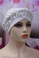Чалма хіджаб біла з косою прикрашена намистинами