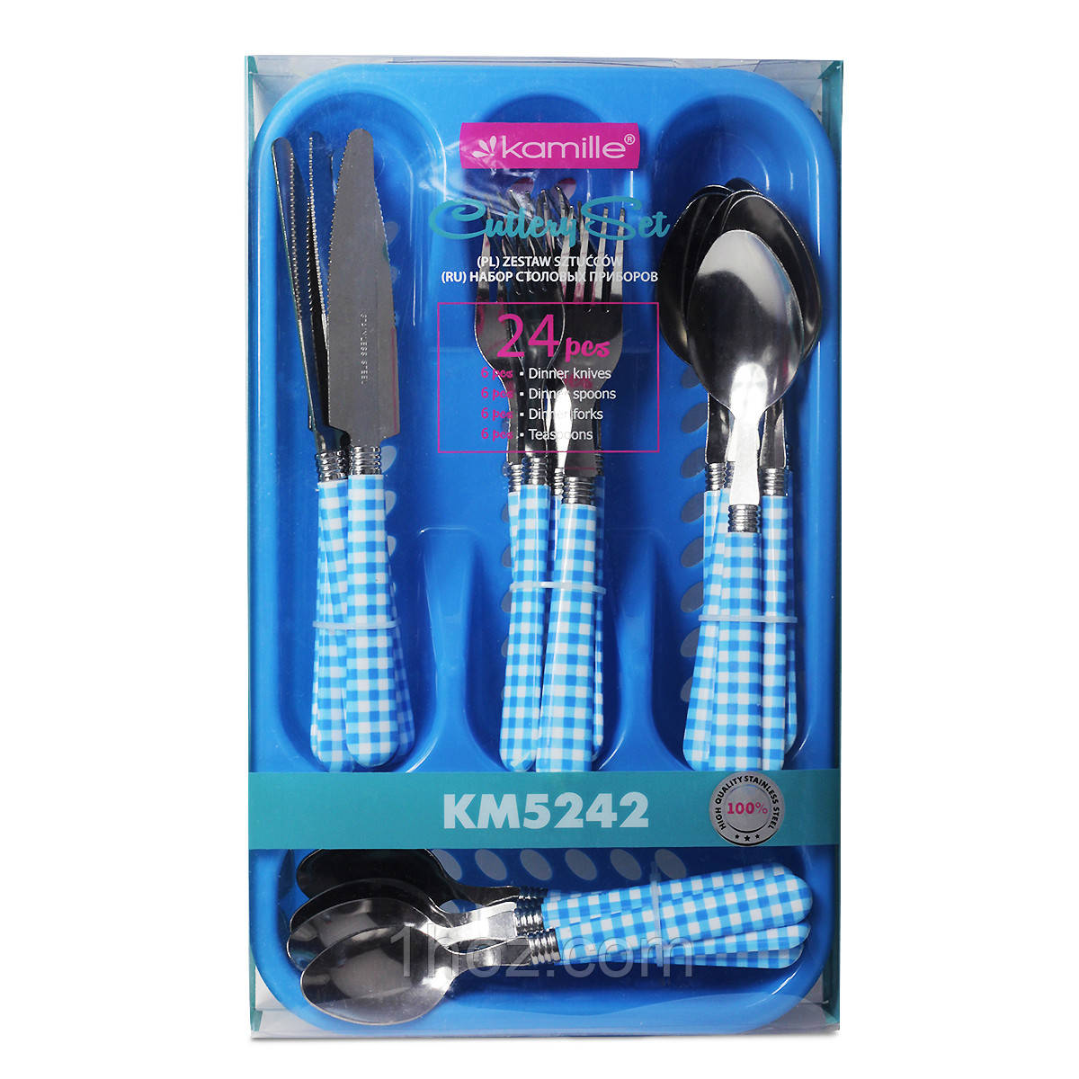 Набір столових приладів Kamille Синій 24 предмета з нержавіючої сталі з пластиковими ручками і підставкою, фото 1