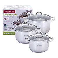 Набір каструль із нержавіючої сталі Kamille KM-5629S 6 предметів 2.5л 3.8л 6.5л Каструля зі скляною кришкою