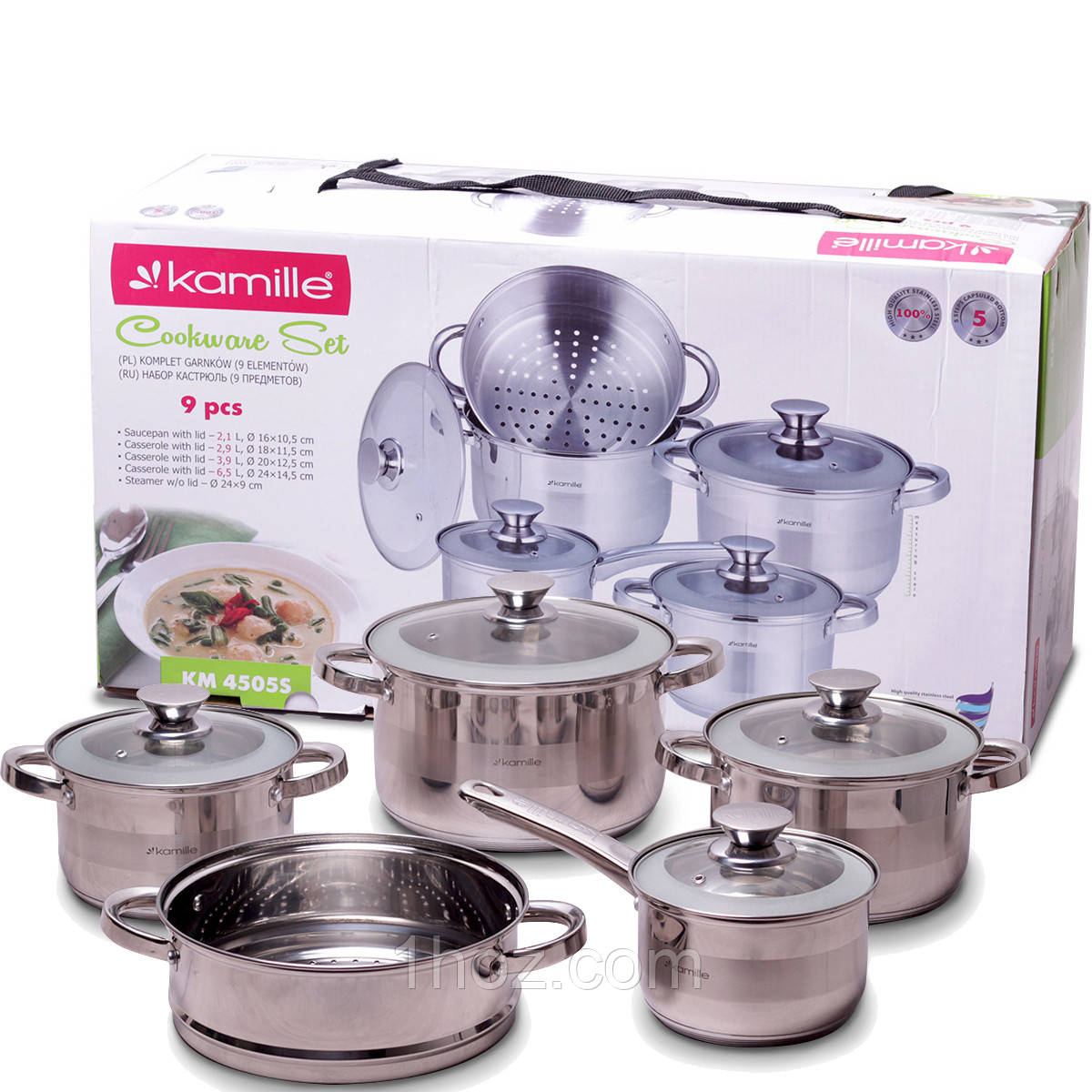 Набір посуду Kamille з нержавіючої сталі 9 предметів для індукції і газу (2.1 л, 2.9 л, 3.9 л, 6.5 л) KM-4505S, фото 1