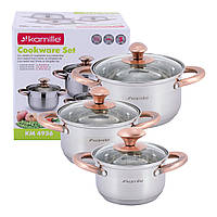 Набір каструль з нержавіючої сталі Kamille KM-4936 6 предметів Каструлі для індукції та газової плити