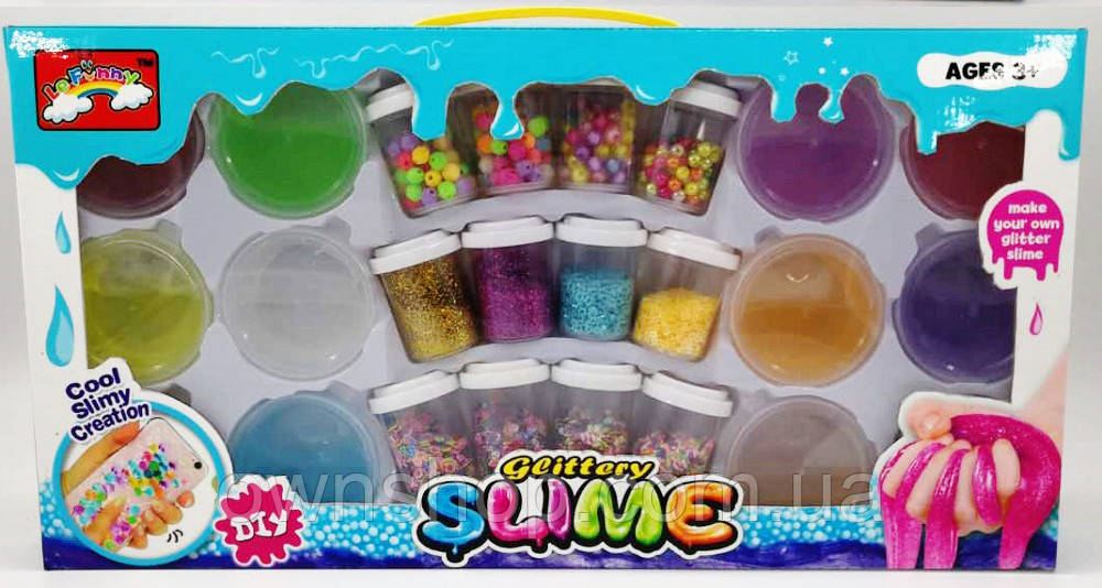 Дитячий набір Mix Slime 87436, 12 баночок слаймів, намистини, блискітки для змішування