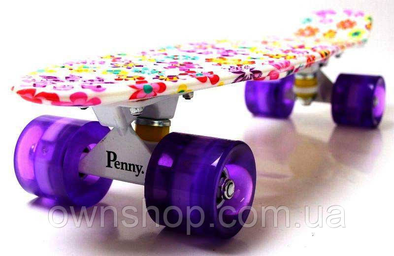 Пенніборд "Violet Flowers" дека 22" Світні колеса., фото 1
