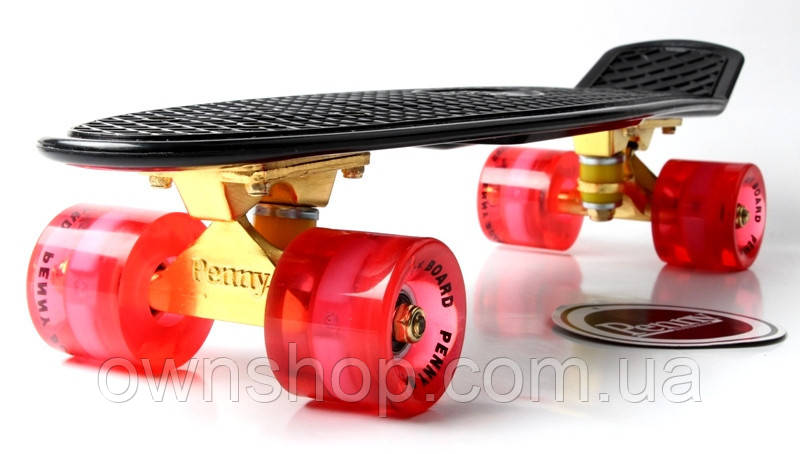 Пенніборд Black 22" Logo. Золота підвіска! червоні колеса, що світяться!, фото 1