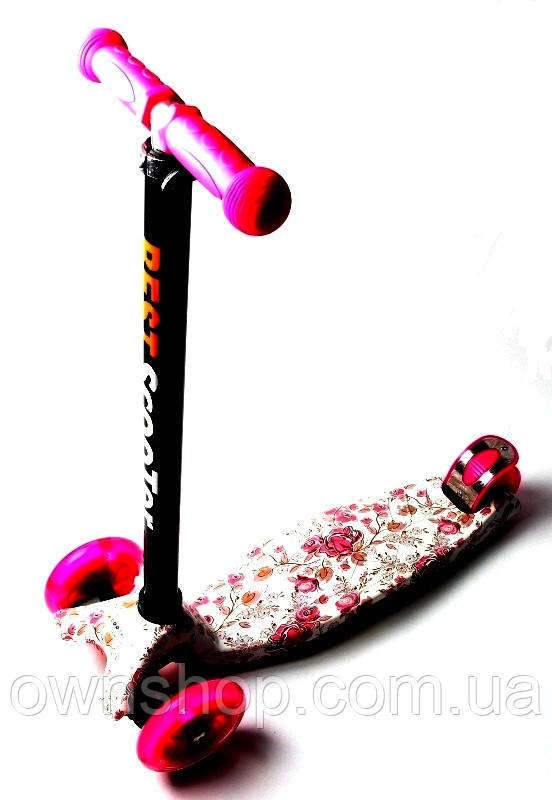 Дитячий самокат MAXI. Flowers. Roses. Малинові колеса, що світяться!, фото 1