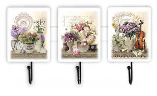 Дерев'яна декоративна вішалка/гачок Букет тюльпанів, піон та скрипка 9х34 см прв043г