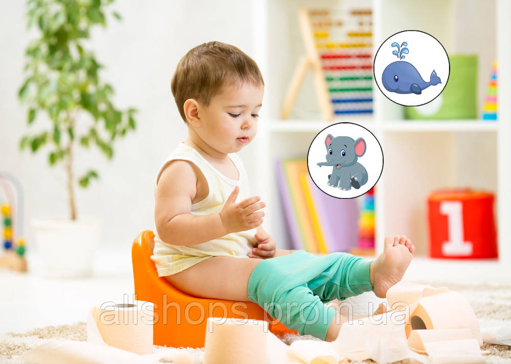 Наклейка обучающая в горшок многоразовая Pampersoff, 2шт Слоник и Кит - фото 1 - id-p1028637719