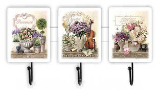 Дерев'яна декоративна вішалка/гачок Букет троянд, з скрипкою, букет піон 9х34 см прв013г