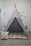 Вігвам рожево-сірий для дівчинки, з м'яким килимком подушечками "Єдинороги на рожевому" (Повний набір), фото 3