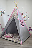Вігвам рожево-сірий для дівчинки, з м'яким килимком подушечками "Єдинороги на рожевому" (Повний набір), фото 2