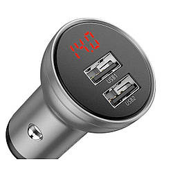 Адаптер автомобільний BASEUS Digital Display Dual USB 2USB, 4.8 A, 24W, сріблястий