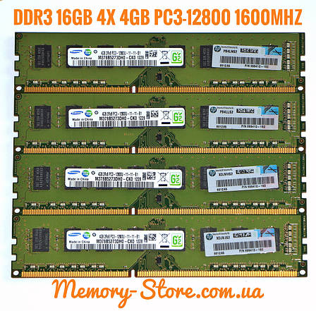 Комплект оперативної пам'яті для ПК 16GB (4x4GB) Samsung DDR3 2Rx8 PC3-12800 1600MHz, Intel та AMD, б/в, фото 1