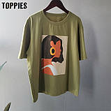 Футболка жіноча літнє бавовняна з принтом дівчата (бежева), фото 3