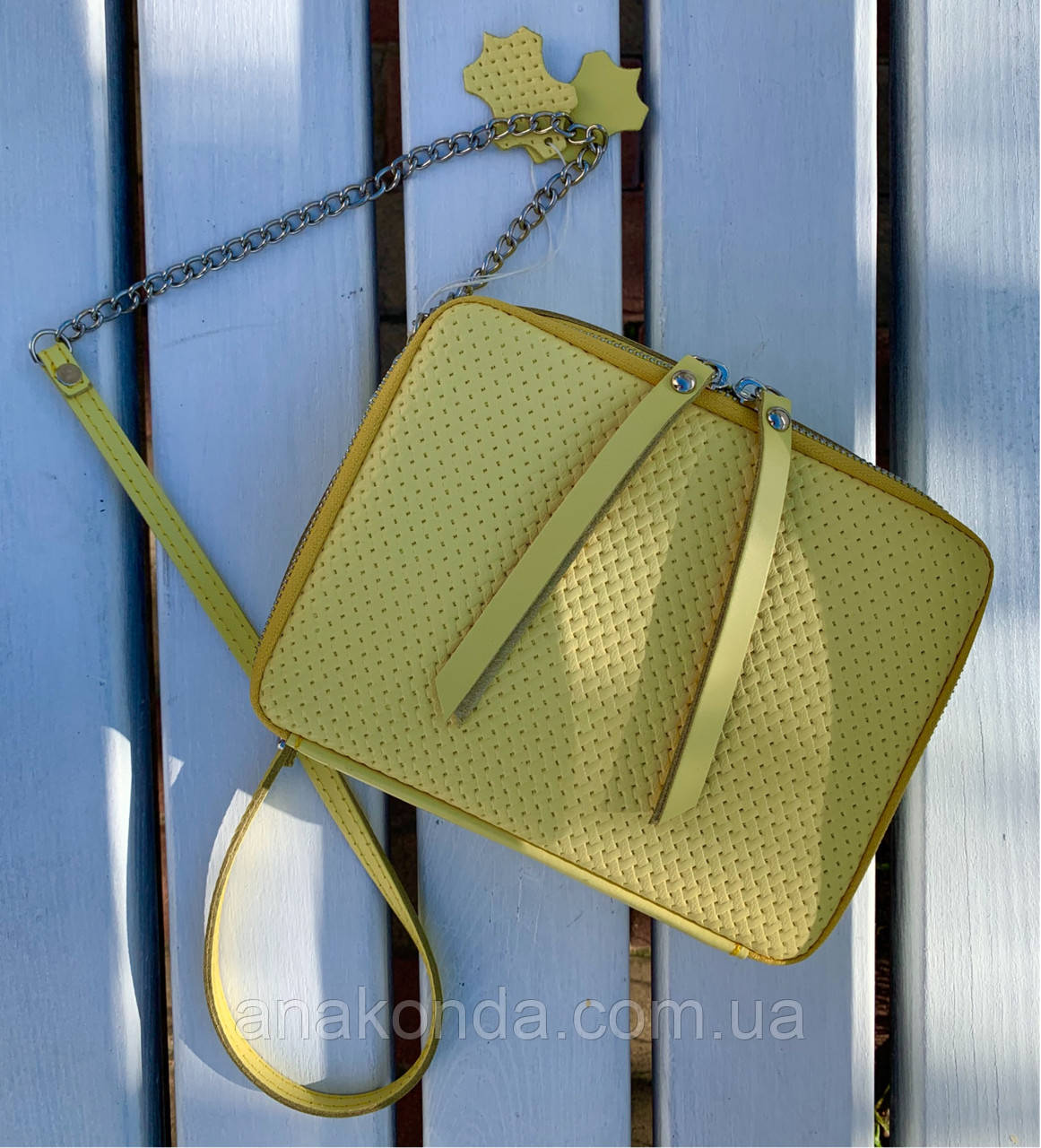 68-4 Натуральна шкіра Сумка жіноча крос-боді жовта Шкіряна сумочка з ланцюжком Сумка шкіряна жовта лимонна