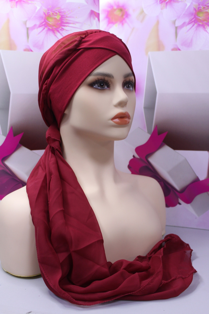 Чалма шапка шифонова на трикотажній пов'язці бордова річна "Вуалька", фото 1