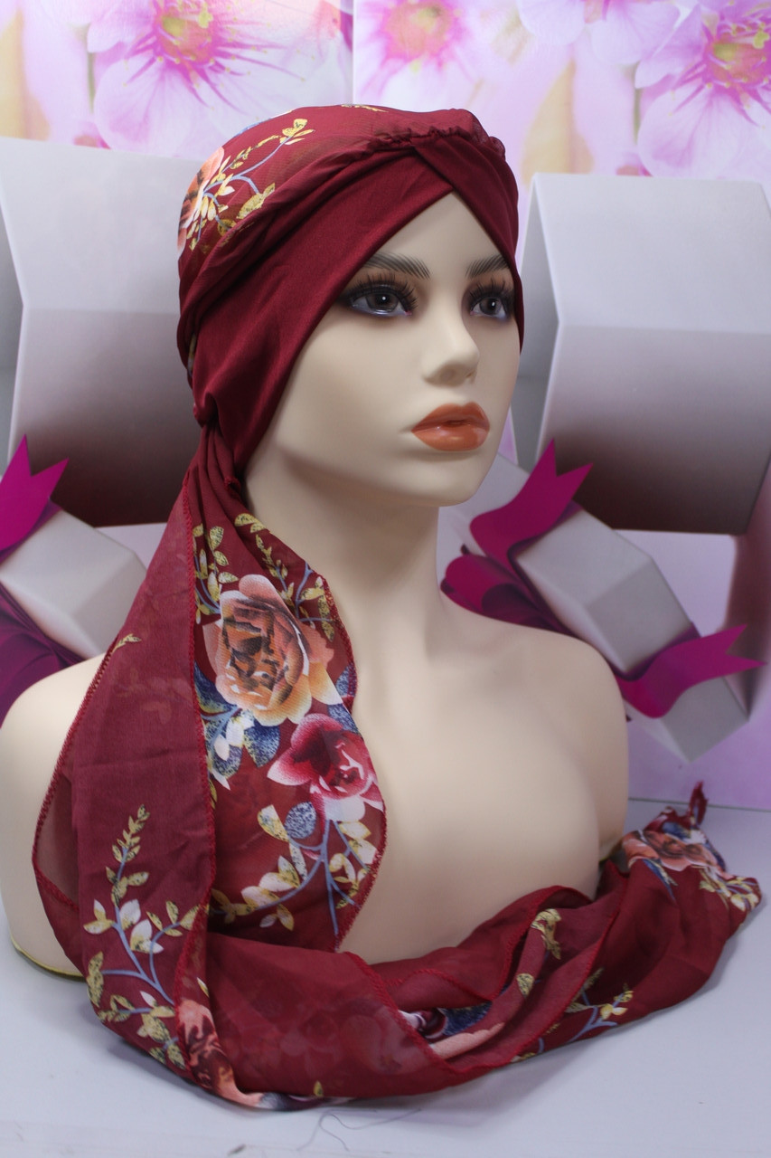 Чалма шапка 54-60 рр шифонова на трикотажній пов'язці бордова з квітами літня "Вуалька", фото 1