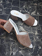 Женские замшевые мюли шлепанцы с квадратным носком на каблуке (разные цвета) беж, 36