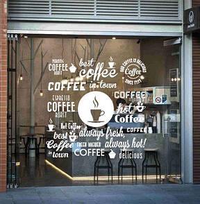 Вінілова наклейка на стіну та скло вітрини Кава понад усе (кава, кава, слова кави, декор у кав'ярню)