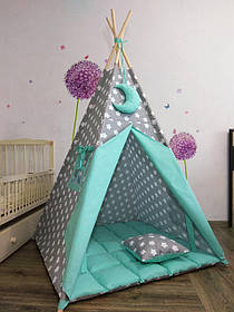 Повний набір Вігвам Дитячий, Сіро-м'ятний, із Зірочками, Повний комплект з м'яким килимком