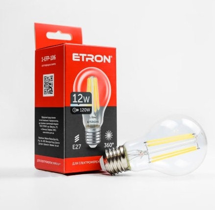 Лампа "Etron Filament Power" прозоре скло LED 1-EFP-106  A60 12Вт 4200K Е27(10)